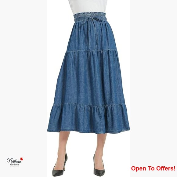 Dresses & Skirts - A-Line Midi Denim Skirt with Pleated Layers and Elastic Waist